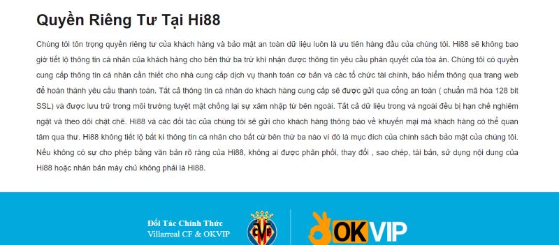 Chính sách quyền riêng tư bảo vệ thông tin hội viên Hi88