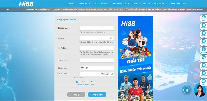 Đăng ký Hi88 tạo account đơn giản